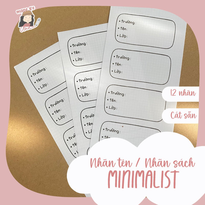 Set 12 Nhãn tên/Nhãn sách Minimalist sticker - in tên theo yc