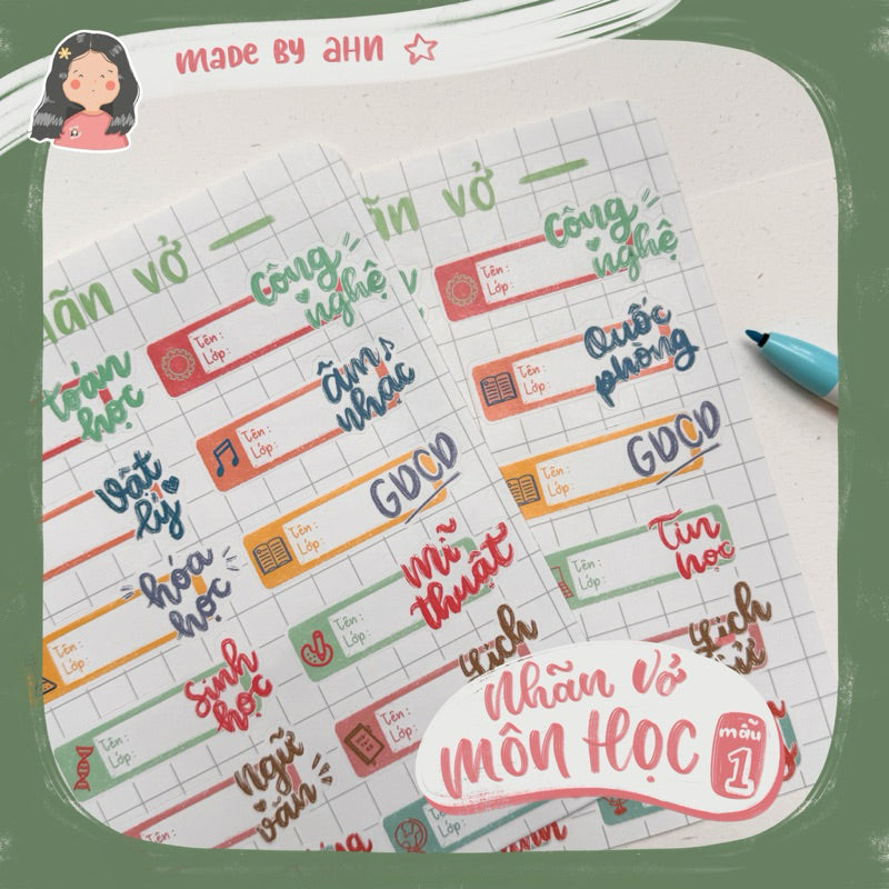 Sticker NHÃN VỞ MÔN HỌC (mẫu 1) - MADE BY AHN thiết kế - Sticker ham học