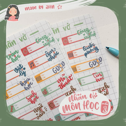 Sticker NHÃN VỞ MÔN HỌC (mẫu 1) - MADE BY AHN thiết kế - Sticker ham học