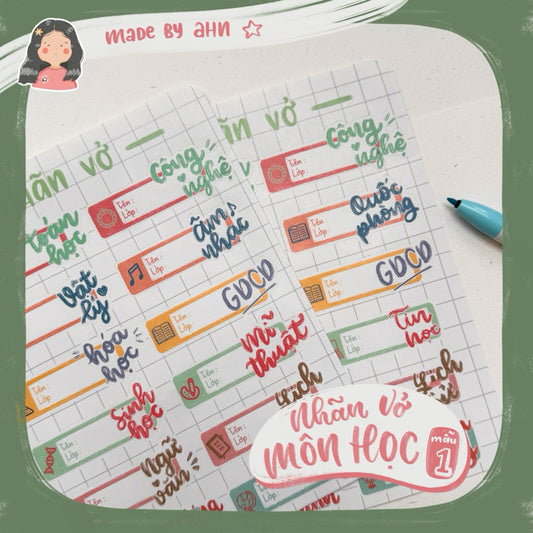Sticker NHÃN VỞ MÔN HỌC (mẫu 1) - MADE BY AHN thiết kế - Sticker ham học