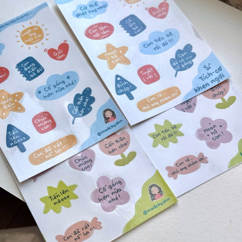 Set 2 tấm STICKER KHEN NGỢI decal dán thưởng con yêu em bé học sinh làm việc tốt - MADE BY AHN thiết kế