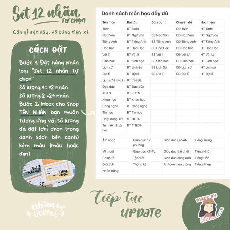[NEW 2025] Nhãn vở DOODLE (môn học) đầy đủ từ lớp 1 đến 12 - In tên theo yêu cầu - MADE BY AHN thiết kế