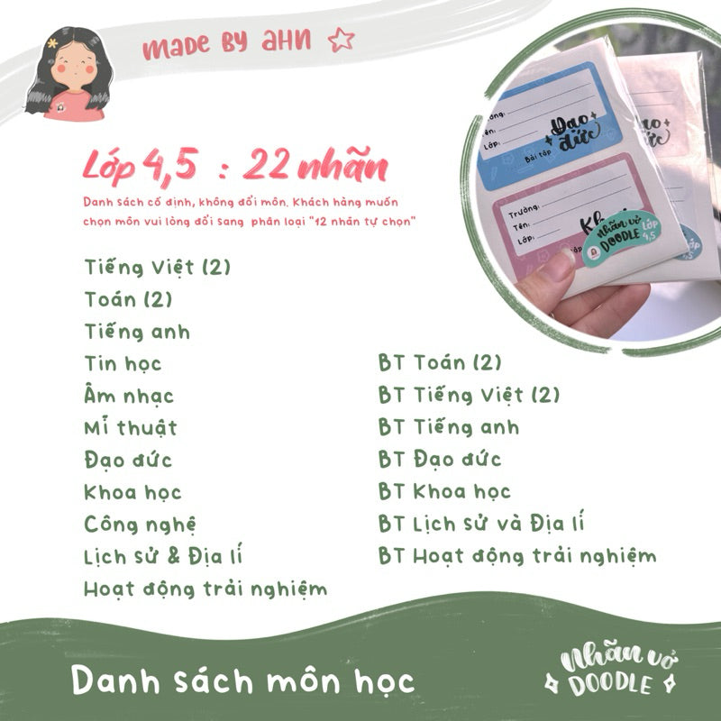 [NEW 2025] Nhãn vở DOODLE (môn học) đầy đủ từ lớp 1 đến 12 - In tên theo yêu cầu - MADE BY AHN thiết kế