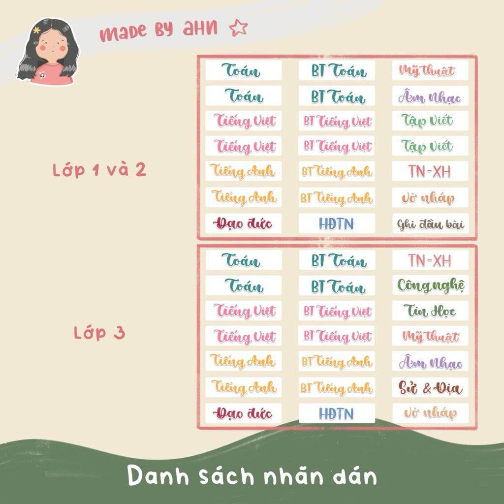 Sticker nhãn tên môn học dán gáy sách vở tiện lợi - MADE BY AHN thiết kế